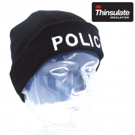 BONNET NOIR MAILLE THINSULATE BRODE POLICE  - 1