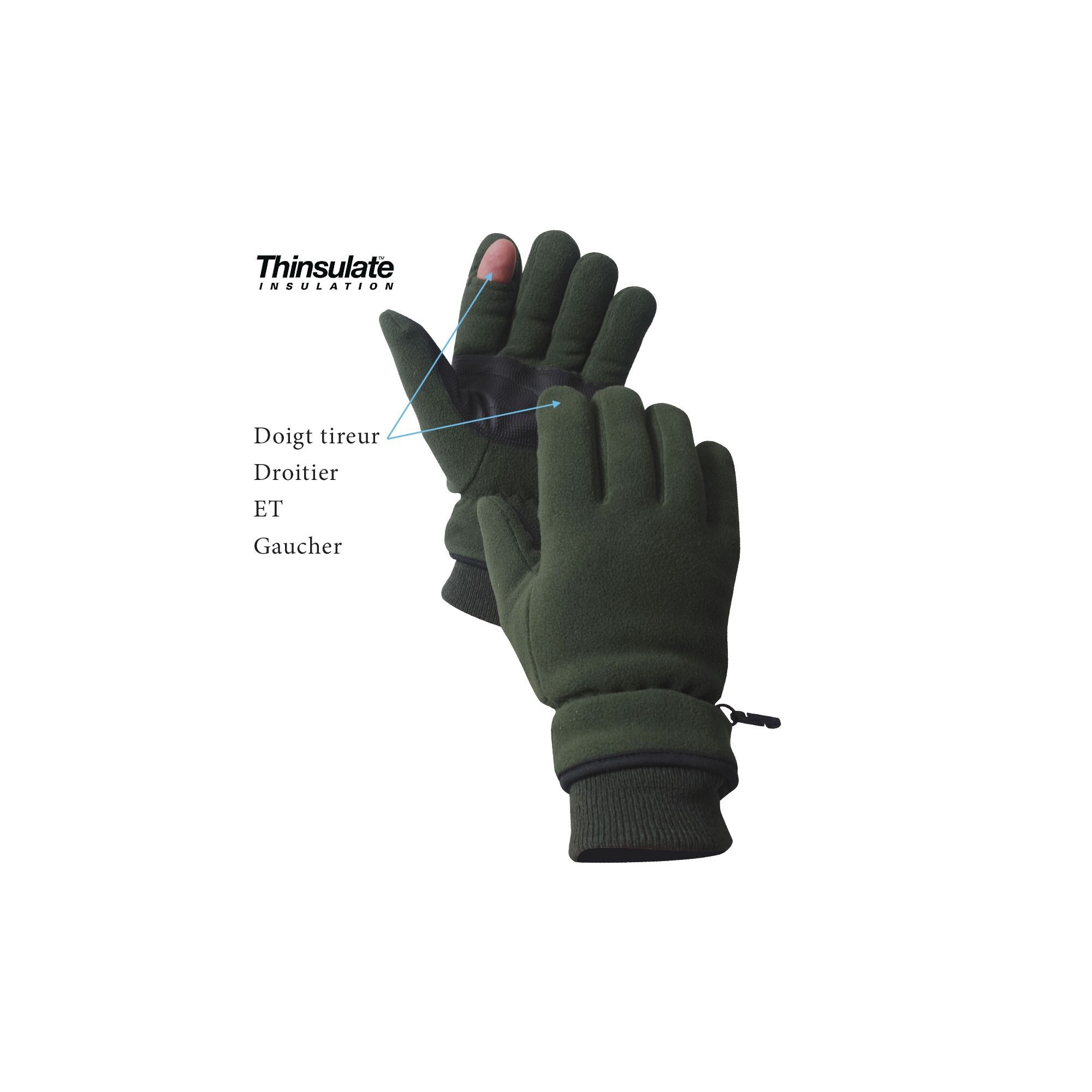 Gants polaires doigt tireur Thinsulate vert armée Gants polaires doigt tireur Thinsulate vert armée