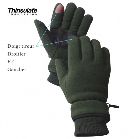 GANTS  POLAIRES  DOIGT TIREUR THINSULATE VERT ARMEE  - 3