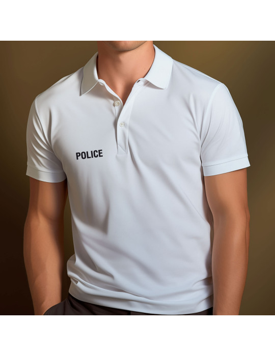 Polo blanc imprimé Police